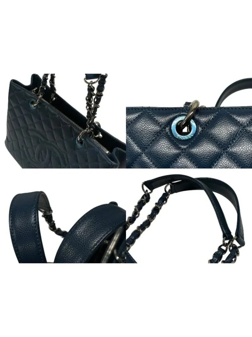 Chanel Grand Shopping Tote Bag GST Chain Caviar Leather CC Logo Navy Silver